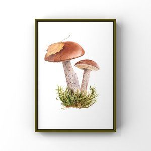 Modern minimalist boho watercolor fall leave with mushroom art print